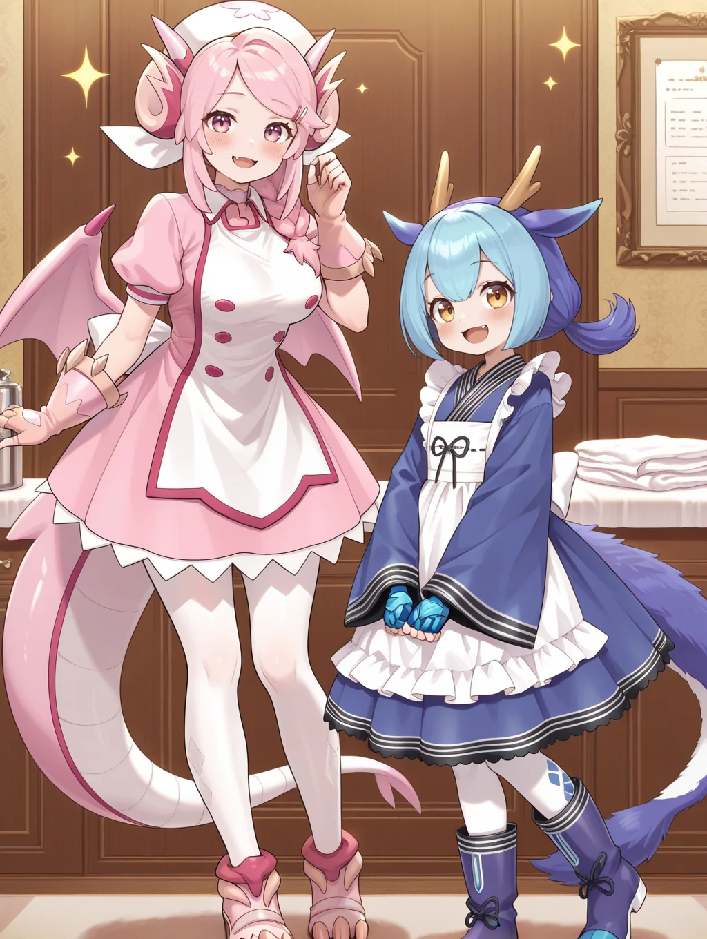 multicolored background,2girls,smile,open mouth,looking at viewer,blush,full body,fang,standing,sidelocks,sparkle,no humans,hairclip,nurse dragonmaid,white pantyhose,white nurse cap,pink fingerless gloves,pink nurse dress,pink wings,pink claws boots,laundry dragonmaid,blue knee boots,blue fingerless gloves,blue maid outfit,indoors,
masterpiece,best quality,amazing quality,very aesthetic,absurdres,newest,<lora:Nurse dragonmaid illuXL v1.1:0.74>,