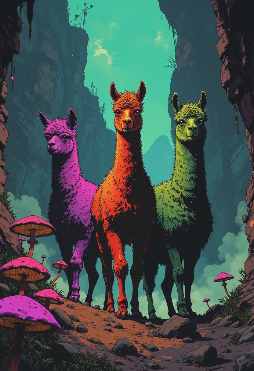 three different colored alpacas in a dystopian landscape, they fight for survival and they look quite serious but also kind of cute. They have longer hair and look very fluffy. bioluminescent mushrooms, mist swirling around, dungeon punk aesthetic, neon violet and deep emerald greens clashing with the alpacas fiery fluffy fur, eerie shadows creeping along the ground, dark atmosphere