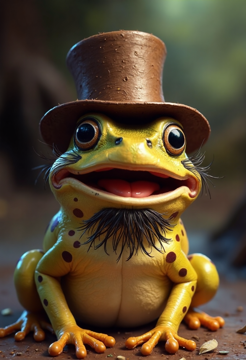 smiling happy little spotted frog with a hairy moustache and wearing a top hat, realistic