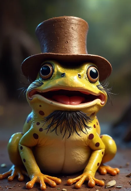 smiling happy little spotted frog with a hairy moustache and wearing a top hat, realistic