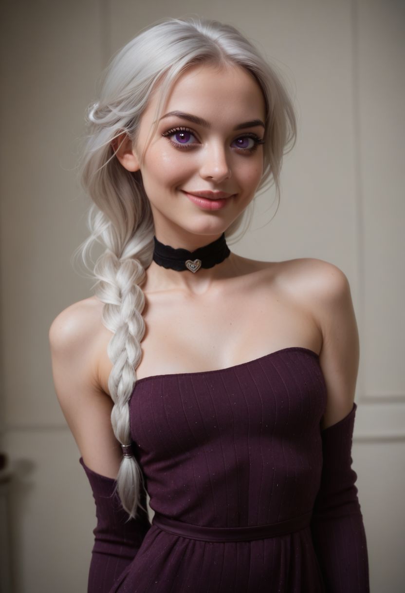 score_9, score_8_up, score_7_up, 1girl, pretty 18 year old Thai girl, slender build, (skin blemishes:0.7), long black hair, almond-shaped eyes, violet eyes, long eyelashes, porcelain skin, heart-shaped face, small nose, full lips, subtle smile, high cheekbones, delicate jawline, soft makeup, slim shoulders, slim arms, full bust (34 C breast size), narrow waist, elegant posture, solo, sexy sweater dress, purple dress, long sleeves, bare shoulders, black choker, <lora:Dark_Violet_Pony_v0.1:0.5> d4rkv10l3t, white hair, single braid, purple eyes,