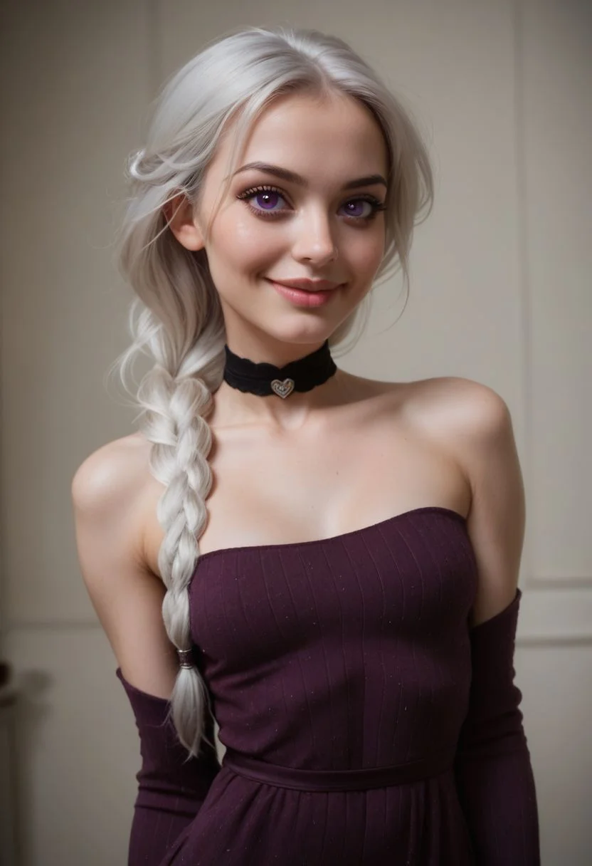score_9, score_8_up, score_7_up, 1girl, pretty 18 year old Thai girl, slender build, (skin blemishes:0.7), long black hair, almond-shaped eyes, violet eyes, long eyelashes, porcelain skin, heart-shaped face, small nose, full lips, subtle smile, high cheekbones, delicate jawline, soft makeup, slim shoulders, slim arms, full bust (34 C breast size), narrow waist, elegant posture, solo, sexy sweater dress, purple dress, long sleeves, bare shoulders, black choker, <lora:Dark_Violet_Pony_v0.1:0.5> d4rkv10l3t, white hair, single braid, purple eyes,
