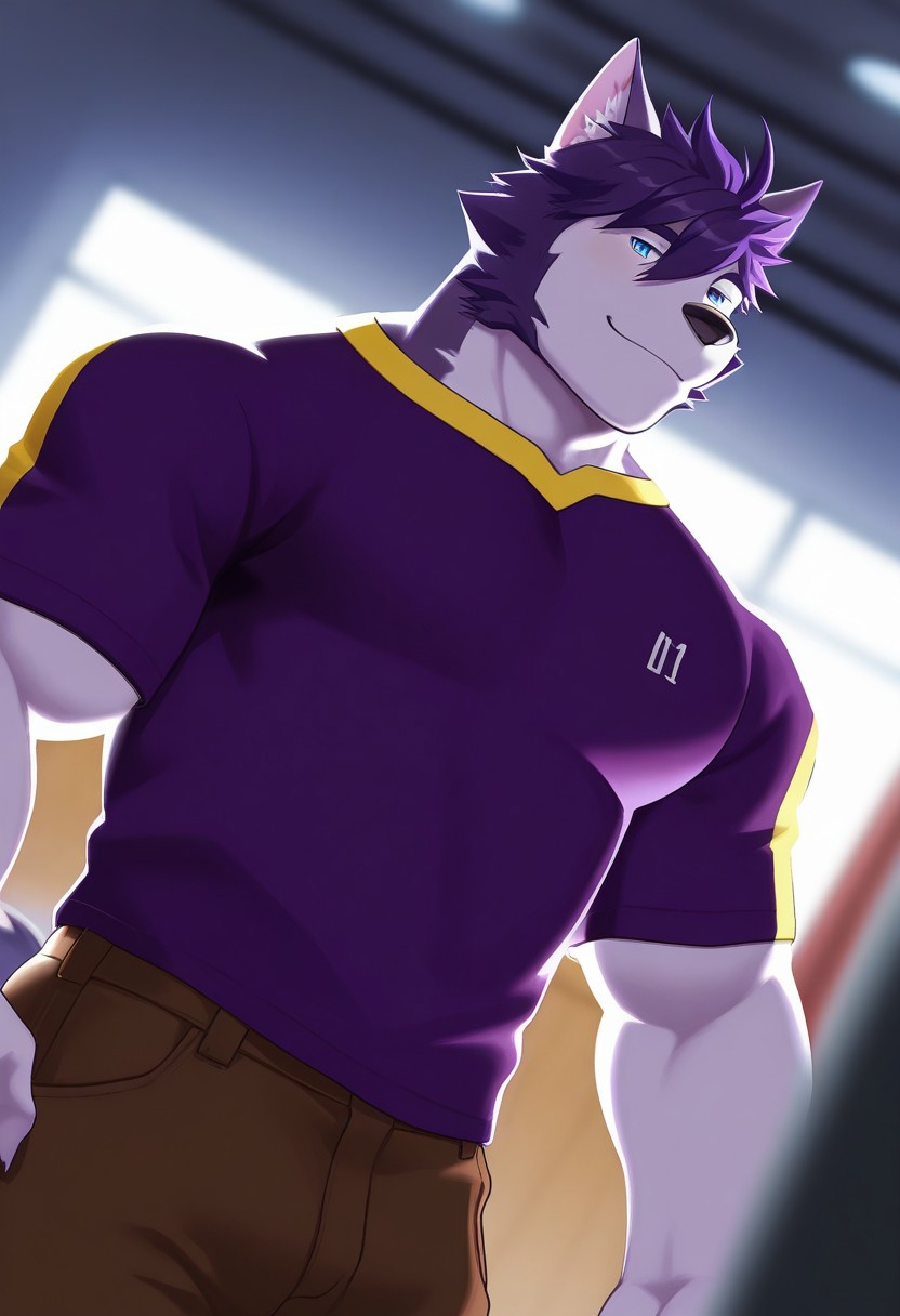 <lora:WalterAFCL:1>, walter, wolf boy, white fur, two-tone fur, blue eyes, perfecteyes, short hair, purple hair, wolf tail, mucualar, bara, athletic build, large pectorals, furry male, furry, solo, 1boy, beautiful, very aesthetic, hyper-detailed, depth of field, amazing quality, highres, high sharpness, dynamic angle, cinematic lighting, detailed background, shirt, short sleeves, brown pants, close up, face focus, portrait, smile