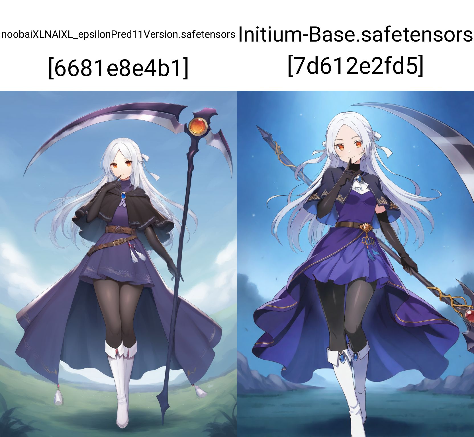 masterpiece, best quality, 1girl,
outdoors, long hair, knee boots, purple dress, gloves, blue gemstone, brooch, full body, turtleneck, white ribbon, looking at viewer, belt, white footwear, holding, solo, long dress, finger to mouth, black pantyhose, hair ornament, half updo, short dress, hand up, capelet, gem, scythe, white hair, brown belt, ribbon, standing, tassel, parted bangs, elbow gloves, arm at side, boots, smile, weapon, holding scythe, orange eyes, hair ribbon, black gloves, pantyhose, red gemstone, shiny clothes, black capelet, closed mouth, jewelry, dress
