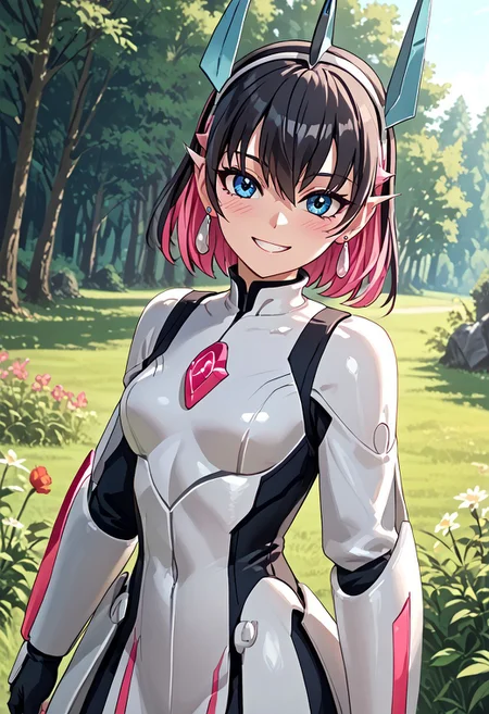 score_4,score_5,score_6,score_7_up,score_8_up,score_9 ((masterpiece,best quality,ultra detailed,highres,HD,4k:1.2)), 
1 girl,solo,face focus,
((ironvaliantsv,human girl,)),
short hair,black hair,multicolored hair,Inner color pink hair,blue eyes,tattoo,black head gear,earrings,small breast,
outdoors,in the forest,day,
standing,
smile,.blush,light smile,