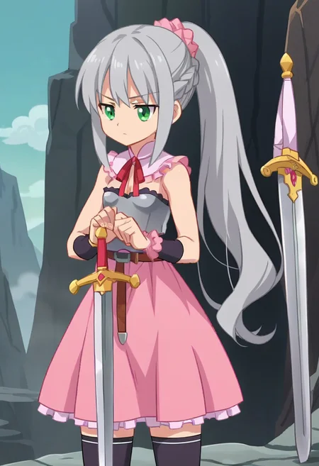 score_9, score_8_up, score_7_up, source_anime, 2D, flat colors, flat shadows, anime_screencap, <lora:lalabidunpony:1>,
1girl, solo, ciellalanciel, grey hair, long hair, ponytail, braid, pink scrunchie, green eyes, pink dress, sleeveless, cleavage, detached collar, neck ribbon, armor, breastplate, arm_guards, black thighhighs, belt,ubw,gears,weapon,sword,planted,planted sword, standing, sword, holding, serious