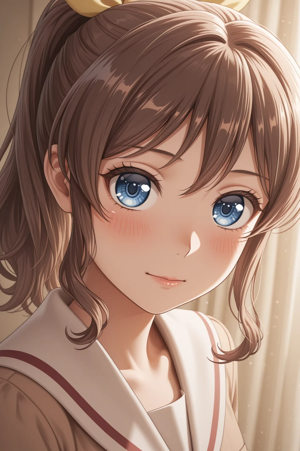 masterpiece, best quality, amazing quality, 1girl, solo, makeup, general, looking at viewer, blush, highres, <lora:Yamabuki_Saaya_Ban_Dori:1>, Yamabuki_Saaya_Ban_Dori, blue eyes, brown hair, long hair, ponytail, hair ribbon, bow, breasts, sidelocks, hanasakigawa school uniform, red bowtie, yellow ribbon, <lora:wai-2Rectified-V140:1>, <lora:illustrious_noobai_epsilon_pred_1_masterpieces_v1:1>