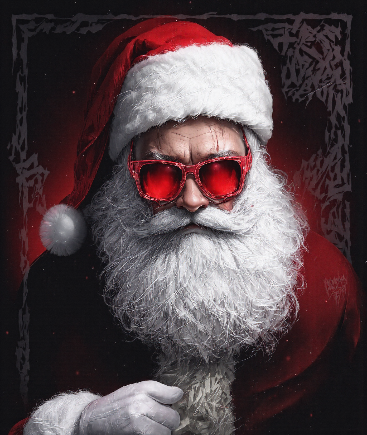 concept art A stylized portrait of Santa Claus with a large, white, bushy beard and wearing a traditional red Santa hat with a white pom-pom. Santa is dressed in a dark coat, giving a modern twist to the classic look. He sports oversized, reflective red sunglasses, adding a contemporary and edgy vibe. The background is dark, with dramatic lighting that creates red and white highlights, accentuating the contours of his face and beard. The color palette is dominated by red, white, and black, creating a striking contrast. The style is bold and graphic, focusing on strong lines and vivid colors, giving the image a modern, artistic feel <lora:ÐÐµÑÐ°Ð»Ð¸Ð·Ð°ÑÐ¾Ñ:0.4> <lora:Adjust:0.8> <lora:0:1.3> . digital artwork, illustrative, painterly, matte painting, highly detailed
