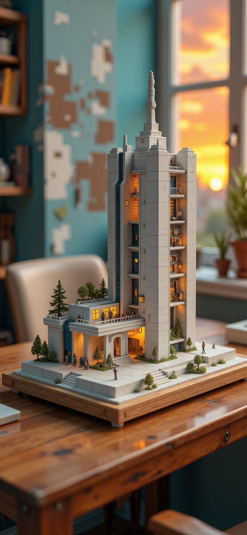 (indoors,indoor,isometric view,side view,tilt-shift lens:2), (in the style of ck-sfc,fna_style,miniature,miniature,diorama,miniature,diorama,PVC,plastic:2),sunset,(autumn:0.5) giant ((2 tone of very colorful white:2) multiple levels of industrial  command center, cubic vertical:2.5) is located center, people, (in wooden square plate:3) (on table at study:3) <lora:Fantasy_Novel_Art_Style:1> <lora:Rostpunk:0.2> <lora:ck-Sci-Fi-Concepts:0.5>