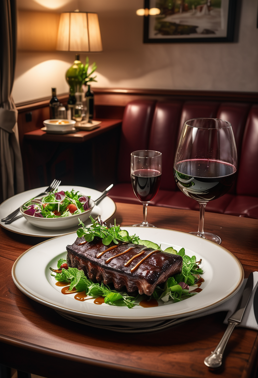 (medium full shot) of (savory delicious meal) served in a Room Service setting style, featuring a bright green barbecued ribs, fresh green salad, mousse with caramel drizzle, red wine, drizzled with olive oil, set in  a cozy nook, with plush seating, warm lighting, intimate atmosphere, charming decor, ,Masterpiece,best quality, raw photo, realistic, very aesthetic