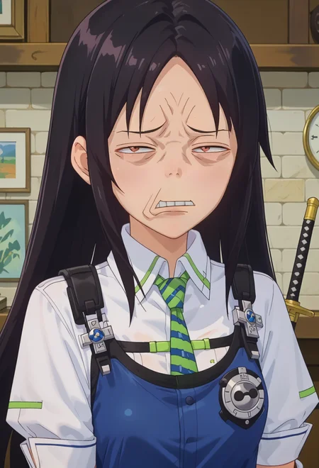 score_9, score_7_up, source_anime, BREAK annoyed, <lora:AESita:0.7> AESita, brown eyes, black hair, long hair, parted bangs, blue dress, green necktie, collared shirt, short sleeves, white shirt, white gloves, holster, walkie-talkie, belt, black pantyhose, thigh strap, cross-laced footwear, white footwear, <lora:ExcaliburFacePonyV1:1> excalibur_face, look to the side, solo, portrait,
