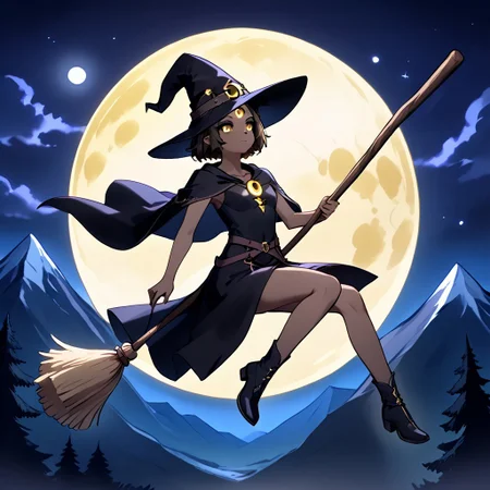 masterpiece, best quality, amazing quality, intricate details, te'kharoth, third eye, tail, yellow eyes, very dark skin, dark-skinned female, witch, witch hat, broom, floating, riding witch's broom, night, full moon, magic, fantasy, tree, mountain,