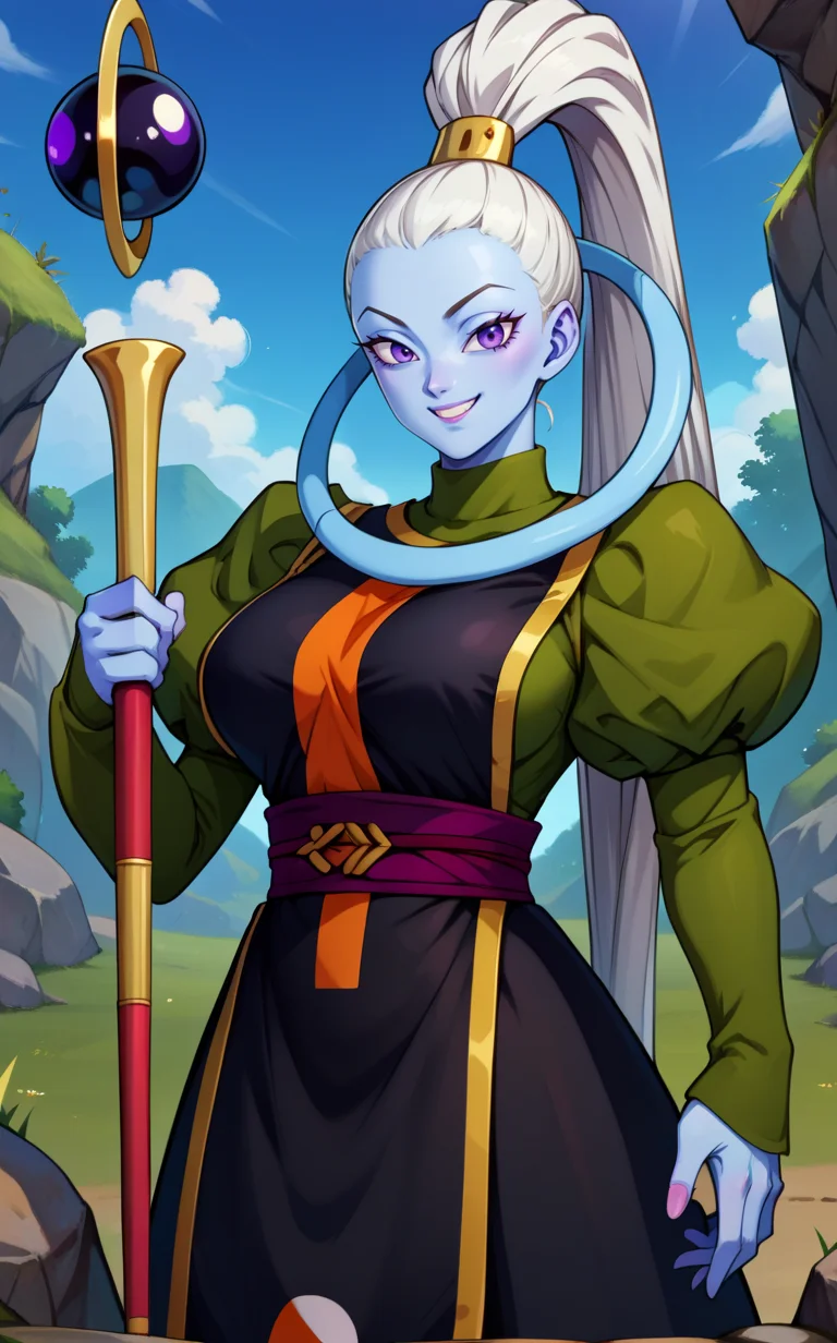 score_9, score_8_up, score_7_up, BREAK, <lora:vados:1> VadosSDXL, 1girl, solo, long hair, breasts, looking at viewer, smile, large breasts, rocks background, long sleeves, dress, holding, very long hair, purple eyes, ponytail, white hair, puffy sleeves, sash, colored skin, high ponytail, juliet sleeves, staff, puffy long sleeves, holding staff, blue skin, hair pulled back, cowboy shot,