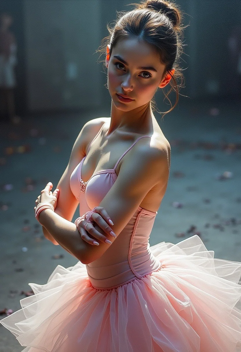“Ethereal Ballerina in Luminous Layers": A mesmerizing close-up abstract painting captures the spirit of a 19-year-old Russian ballerina, exhibiting grace and passion. She is toned and athletic, portrayed mid-performance, positioned on an empty stage with dramatic lighting, with her pale complexion, dark hair in a sleek bun. Dance ribbons are wrapped around her wrists and hands. The artwork skilfully blends modern abstraction and portraiture, creating a stunning mix of soft colors such as pinks, silvers and whites. Her intense, black eyes, the painting's central point, portray an aura of focus and strength. After a long rehearsal, the dancer conveys both dedication and poise. The layered composition and subtle hues invite you to discover the hidden emotions within this striking painting, vibrant