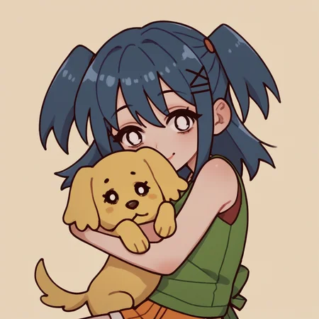 solo, Laceys_game, 1girl, blue hair, two side up, orange_shorts, green apron, burgundy tank top, hugging yellow dog, score_5_up, score_4_up, score_6_up, petshop, on side, inroom, <lora:Laceys_game:1.0>