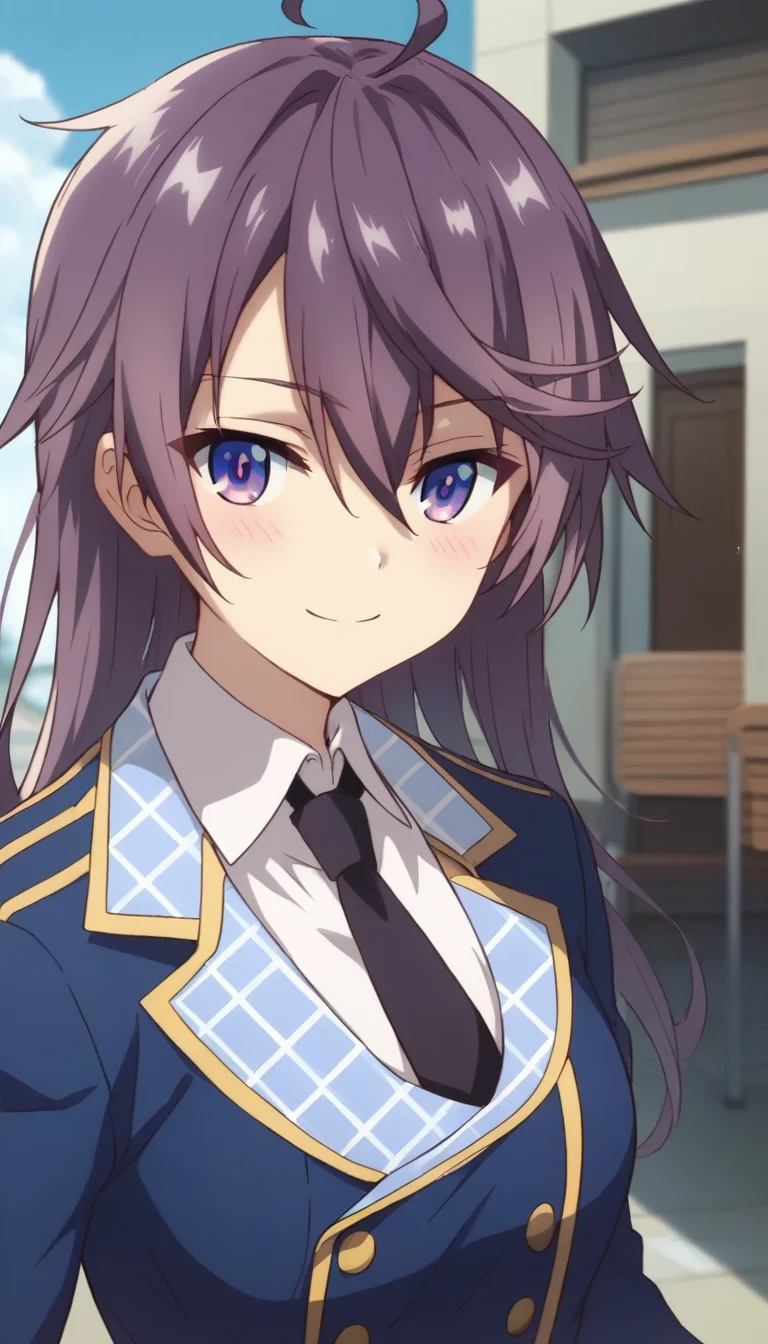 score_9,score_8_up,score_7_up,score_6_up BREAK official art,1girl,solo,outdoors,upper body,(portrait:1.5),looking at viewer,facing viewer,smile,blush,Leonis Death Magnus,ahoge,long hair,purple hair,hair between eyes,bangs,purple eyes,school uniform,blue jacket,blazer,double-breasted,black necktie,collared shirt,white shirt,long sleeves,medium breasts,belt,black pants,loafers,black footwear,<lora:Leonis Death Magnus(sgmt)-Pony:1.4>,