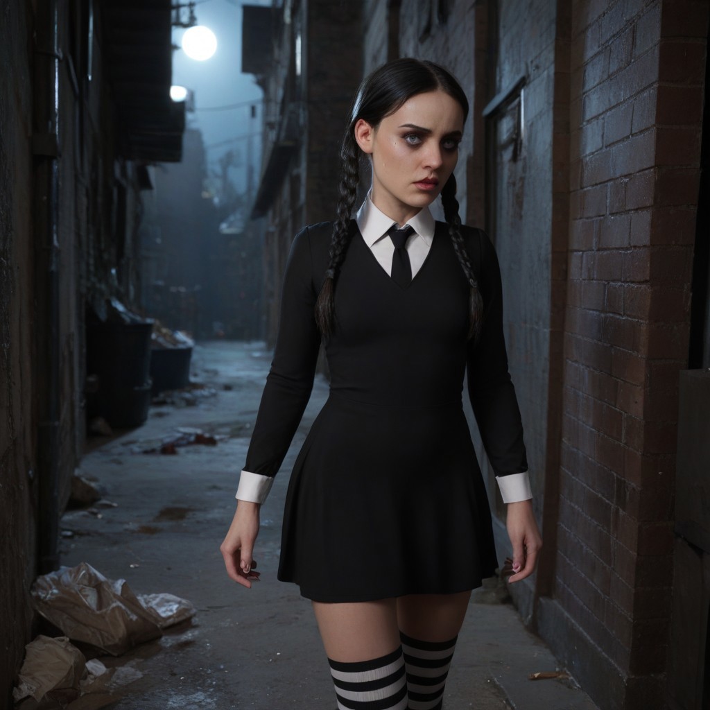 score_9, score_8_up, score_7_up, rating_explicit, realistic, masterpiece, from distance, ((wednesday addams)), 1girl, petite goth girl, ponytails, tight black dress, striped socks, angry livid face, exp_real, worried, film noir, dark night, pitch black night, dark alley, trash, two men in black suits following her, tears,