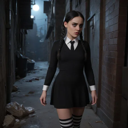 score_9, score_8_up, score_7_up, rating_explicit, realistic, masterpiece, from distance, ((wednesday addams)), 1girl, petite goth girl, ponytails, tight black dress, striped socks, angry livid face, exp_real, worried, film noir, dark night, pitch black night, dark alley, trash, two men in black suits following her, tears,