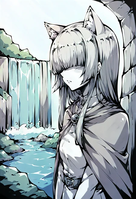 score_9, score_8_up, score_7_up, score_6_up, score_5_up, score_4_up, source_anime, uncensored <lora:intricate_details:0.5> intricate_details_xl, face focus, zooming in, upper body, profile, waterfall, facing viewer, looking at viewer,
<lora:Momo_MCFIEC_v1.0:0.7> solo, long hair, (hair over eyes, blunt bangs, hime cut:1.1), monochrome, greyscale, hands on floor, covered eyes, collarbone, long bangs, dress, cape, capelet,
<lora:xl_neco-arc(pony):1> neco-arc, cat ears, chibi, :3