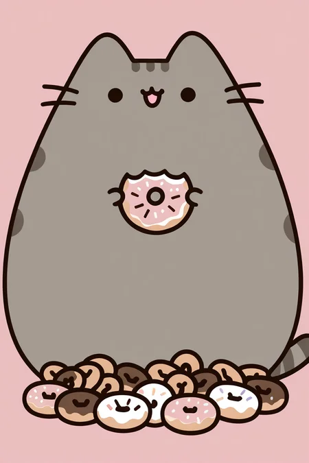 masterpiece, best quality, Pusheen, looking at viewer, smile, open mouth, simple background, food, pink background, doughnut, ,<lora:PusheenIXL:1.0>,