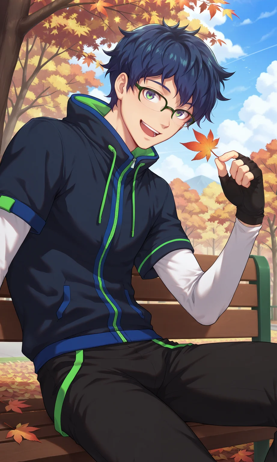 1boy, male focus, slim, Hyunjin, solo, male focus, open mouth, looking at viewer, smile, teeth, blue hair, black gloves, fingerless gloves, glasses, black pants, hoodie, high collar, white long sleeves, short over long sleeves, sitting on bench, autumn, autumn leaves, cloud, day, outdoors, (masterpiece:1.35), (very aesthetic, best quality:1.3), shaded, detailed shading, detailed skin, realistic shading, highly detailed, intricate details, masterful composition, cinematic lighting, close-up, <lora:Hyunjin_XL_V10_ILL:1>
