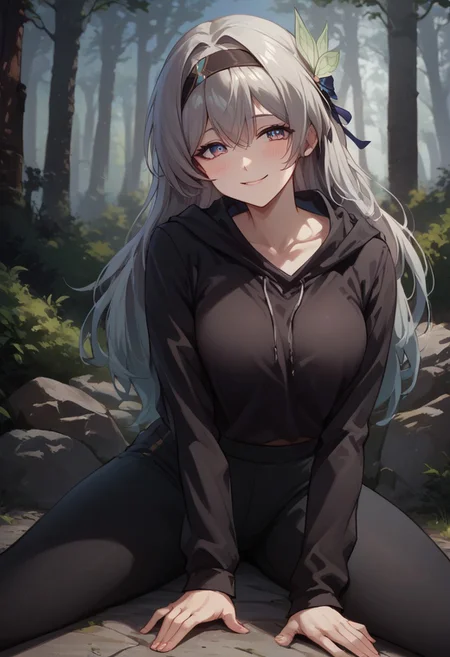score_9, score_8_up, score_7_up, source anime, anime screencap, masterpiece, expressive eyes, perfect face, cinematic lighting, volumetric lighting, bloom, post processing, warm light, soft light, detailed background, detailed face, extremely detailed face, beautiful face,, 1 girl, solo,Firefly_Honkai, long hair, grey hair, , hairband , solo, , ,mature female, face down, ,black hoodie, black yoga pants, medium breasts,, , outdoors, satisfied, satisfied face, smile,,, in forest, bush, tree trunk, sitting, looking at viewer