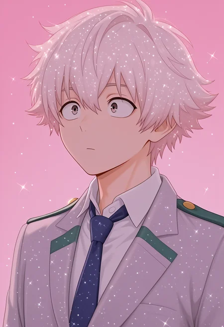 (masterpiece, high quality, amazing detail), highres, (glitter effect:1.5), moot me up, sparkle effect, 1boy, todoroki shoto, male focus, u.a. school uniform, sparkle, necktie, pink background, <lora:Moot_me_up_-_glitter_effect:1.2>
