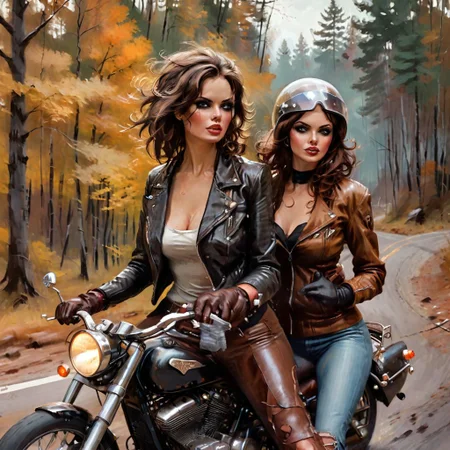 drawing in the style of retro, two retro women, romantic,  skinny, brunettes, sexy, big breasts, modest lovely makeup, ride motorcycle, sport bike, chopper,  ride motorcycle, forest road, speed, action, wind in hair, tight clothes, torn leather jackets, helmets, gaggles, gloves, stardeaf-retrofuturistic
