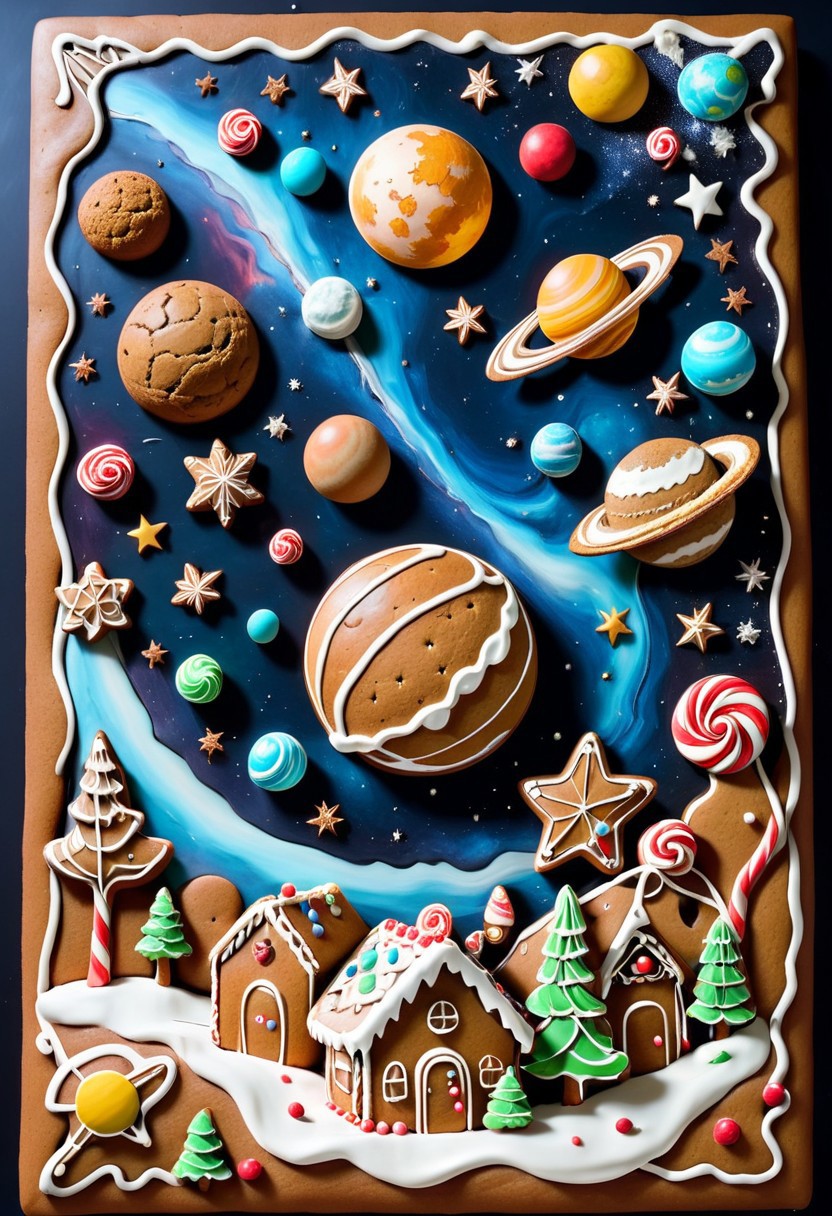 highly detailed outer space, the universe, the planets, the stars, the majesty, gingerbread, icing, candy, art, masterpiece, edible