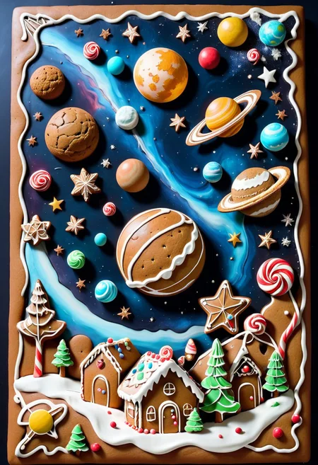 highly detailed outer space, the universe, the planets, the stars, the majesty, gingerbread, icing, candy, art, masterpiece, edible
