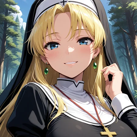 score_9,score_8_up,score_7_up, masterpiece, 8k, highres, wallpaper, source_anime, medium shot,  blue sky, forest, <lora:Rosaria:1.2>, 1 girl, solo, nun, blonde hair, long hair, <lora:DetailedEyes_V3:1> , <lora:PerfectEyesXL:1>, blue eyes, detailed eyes, detailed pupils,  fine-tuned face, perfect face, perfect lips, smiling, green earrings,
 nun, habit,  large breasts,
<lora:add-detail-xl:1>