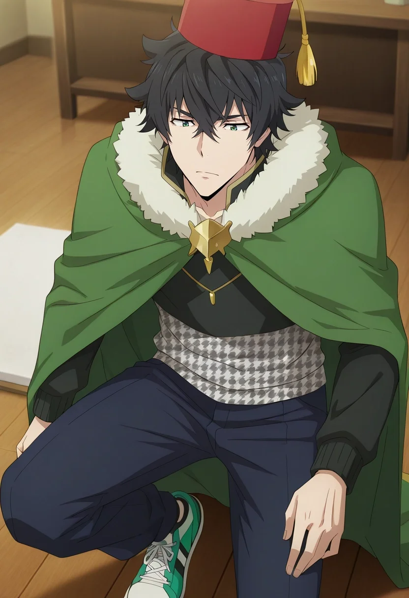 masterpiece, best quality, intricate details, anime screencap, anime coloring, , , 1boy, solo, male focus, <lora:naofumi_iwatani_ilxl:1>, naofumi_iwatani, black hair, green eyes, short hair, hair between eyes, bangs, green cape, fur trim, , Houndstooth Slim-fit cargo pants, Half-zip sweater, Canvas sneakers, Fez,