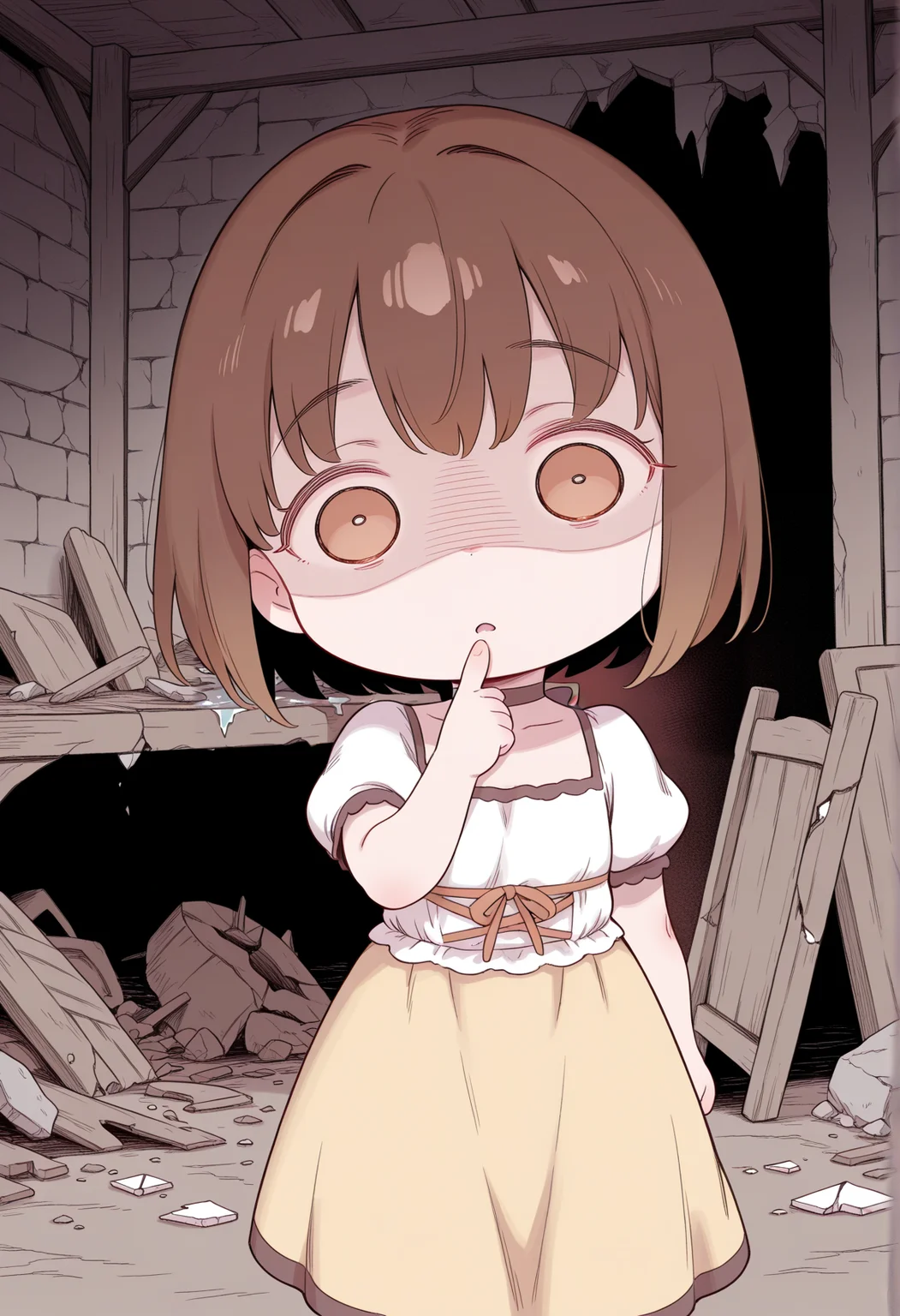 chibi, no humans, nurami \(shouji\), ter \(otokoter\), (chibi:1.6), parody, finger to mouth, o o, confused, 1girl, short hair, brown hair, brown eyes, choker, ribbon, yellow dress, white shirt, short sleeves, puffy sleeves, indoors, wreckage, tavern, broken glass, destroyed furniture, broken furniture, broken chair, broken table, ruins, shaded face, head tilt, <lora:Annallee_illus:1>, masterpiece, best quality, amazing quality, very aesthetic, absurdres, highres, newest