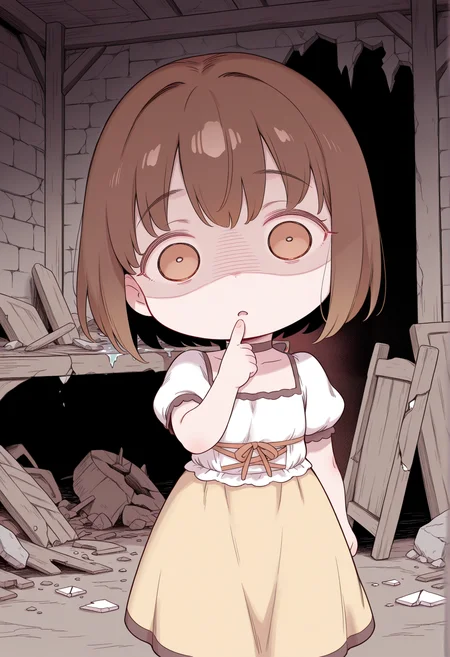 chibi, no humans, nurami \(shouji\), ter \(otokoter\), (chibi:1.6), parody, finger to mouth, o o, confused, 1girl, short hair, brown hair, brown eyes, choker, ribbon, yellow dress, white shirt, short sleeves, puffy sleeves, indoors, wreckage, tavern, broken glass, destroyed furniture, broken furniture, broken chair, broken table, ruins, shaded face, head tilt,  <lora:Annallee_illus:1>, masterpiece, best quality, amazing quality, very aesthetic, absurdres, highres, newest