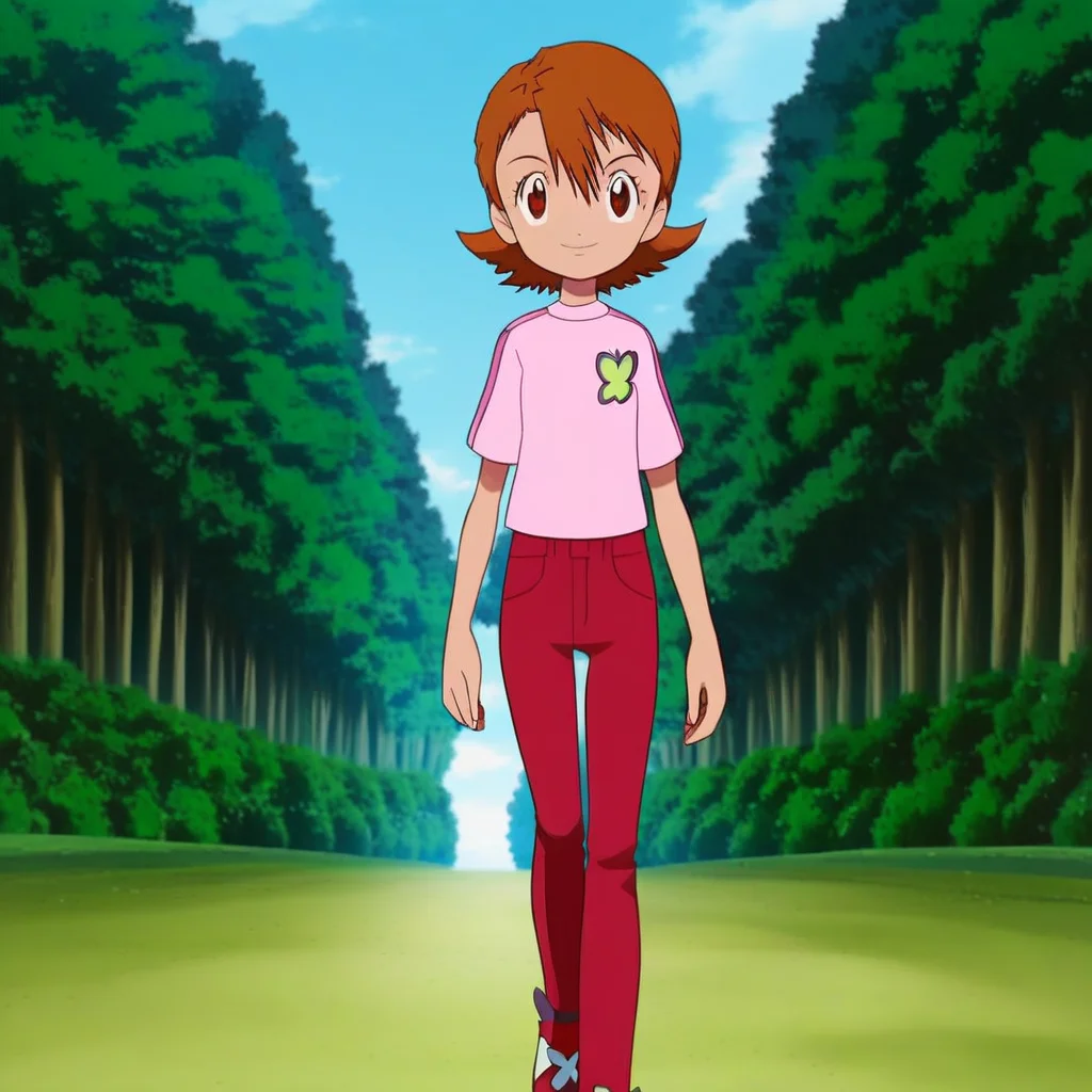1girl, sora takenouchi, digimon, short hair, brown eyes, pink shirt, butterfly symbol, dark red jeans, knees out of frame, walking, outdoors, forest, looking at viewer, :o