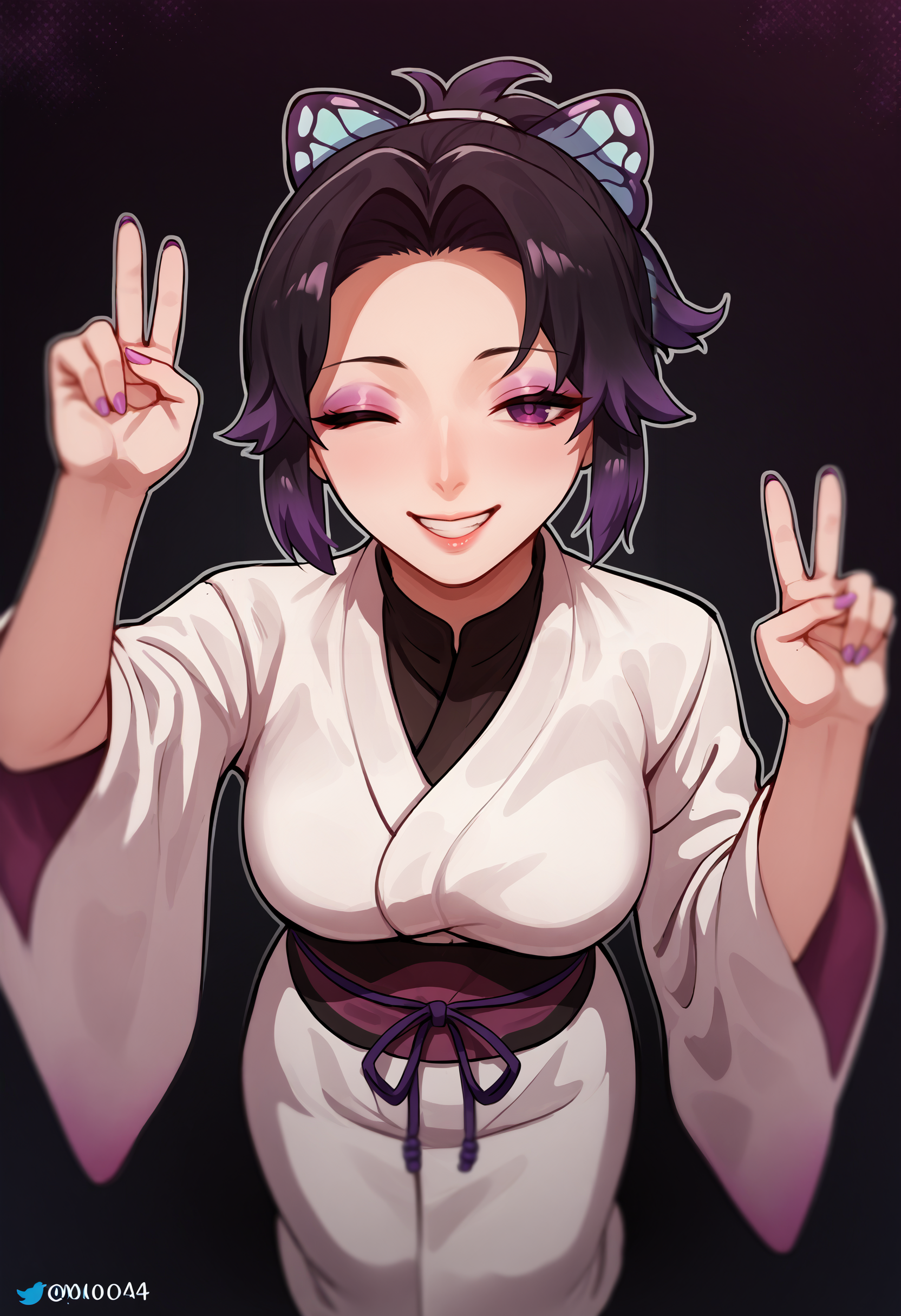 score_9, score_8_up, score_7_up, score_6_up, score_5_up, score_4_up,
BREAK
1girl, kochou shinobu, black hair, purple eyes, butterfly hair ornament, half-closed eyes, gradient hair, one eye closed,
BREAK
white kimono, peace sign, jumping, smile, from above, looking at viewer,
BREAK
black background, simple background, perspective, dynamic pose, <lora:Lunas-Dark-Pussy-SDXL-A1-000020:1> <lora:Lunas-5t_0000-SDXL-B1:1>