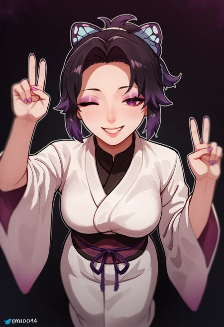 score_9, score_8_up, score_7_up, score_6_up, score_5_up, score_4_up,
BREAK
1girl, kochou shinobu, black hair, purple eyes, butterfly hair ornament, half-closed eyes, gradient hair, one eye closed,
BREAK
white kimono, peace sign, jumping, smile, from above, looking at viewer,
BREAK
black background, simple background, perspective, dynamic pose, <lora:Lunas-Dark-Pussy-SDXL-A1-000020:1> <lora:Lunas-5t_0000-SDXL-B1:1>