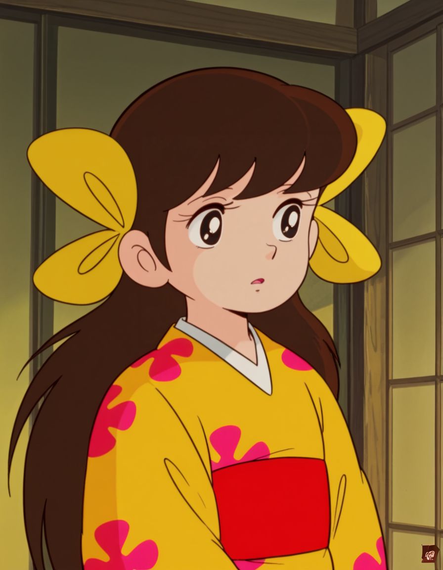 masterpiece, best quality, 
<lora:Sakura:1>, saku4a, long hair, brown hair, black eyes, yellow kimono, multiple hair bows, 1980s \(style\),