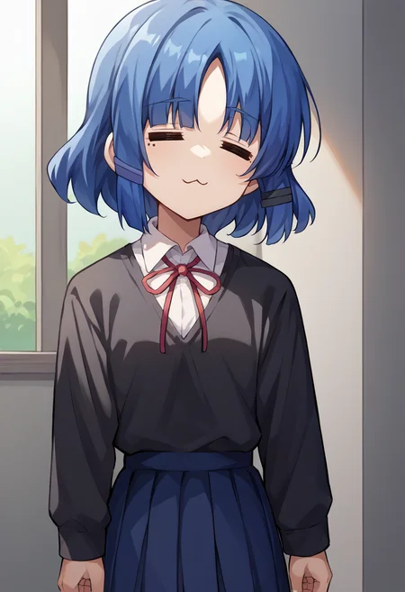 score_9, score_8_up, source_anime, 1girl, solo, =w=, :3, = =, eyes closed, yamada ryo, mole under eye, hairclip, shimokitazawa high school uniform, black sweater, long sleeves, white shirt, neck ribbon, blue skirt, pleated skirt, <lora:ChamElfExpressionPonyXL:1.2>, <lora:bocchi_yamada_ponyXL:1>