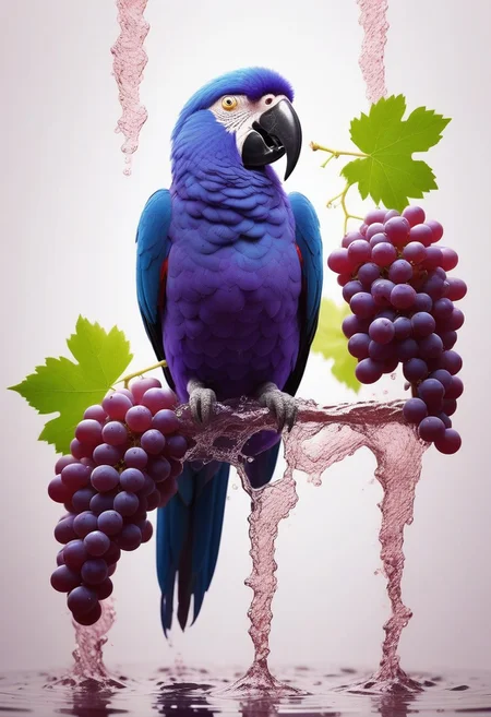 score_9, score_8_up, score_7_up, BREAK, realistic, photo, photorealistic, parrot, walking on grapes, eating grapes, grape vines, grape bunches