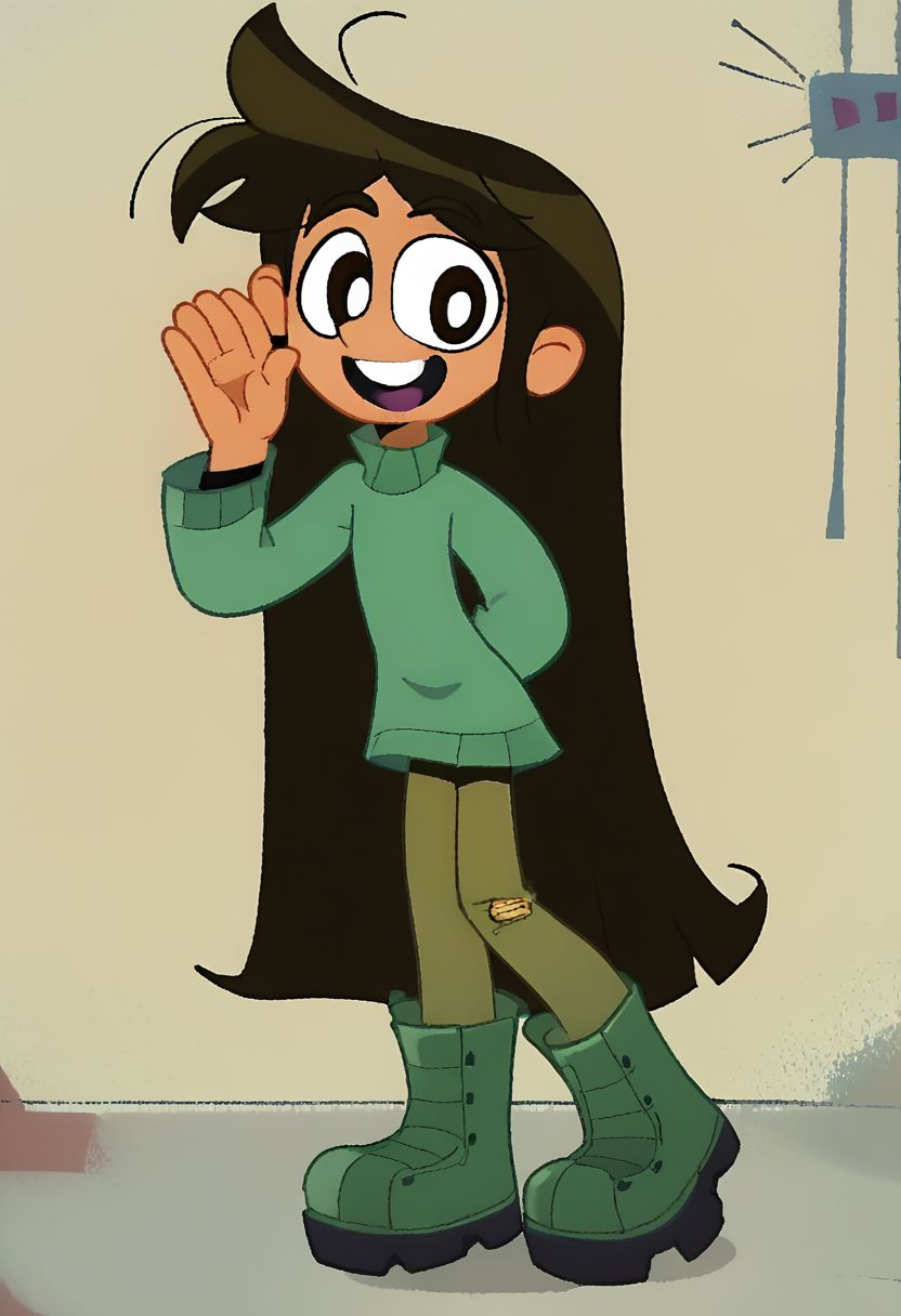 libby,1girl, solo, brown hair, long hair, messy hair, brown eyes, droopy eyes, green turtleneck sweater, long sleeves, tan-skinned female, beige pants, black army boots, full body, looking at viewer, standing, leaning forward, palms up, smile, :d, upper teeth only, powerpuff,  vv, two-finger salute,