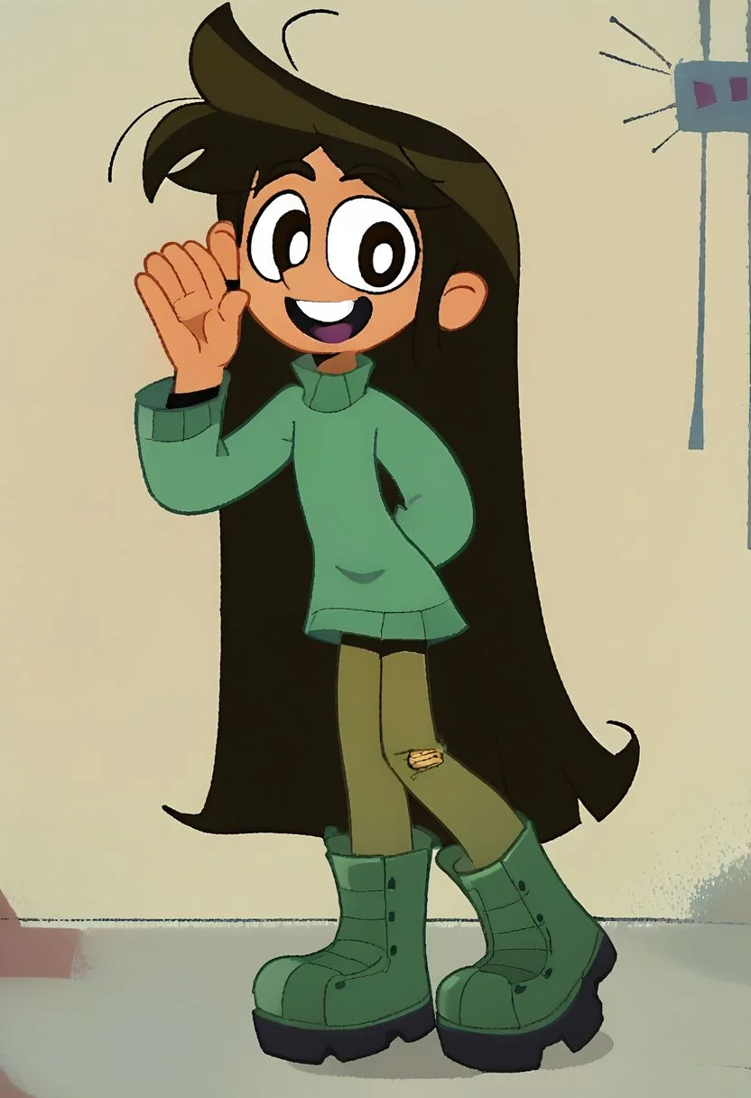 libby,1girl, solo, brown hair, long hair, messy hair, brown eyes, droopy eyes, green turtleneck sweater, long sleeves, tan-skinned female, beige pants, black army boots, full body, looking at viewer, standing, leaning forward, palms up, smile, :d, upper teeth only, powerpuff, vv, two-finger salute,