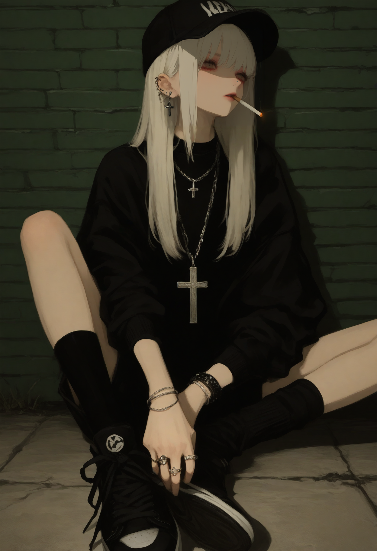 masterpiece, best quality, good quality, very awa, 748cm, 
1girl, solo, long hair, shirt, hat, jewelry, sitting, white hair, earrings, shorts, shoes, socks, black footwear, necklace, bracelet, black shirt, black headwear, piercing, ring, black socks, cross, ear piercing, sneakers, baseball cap, cigarette, smoking, cross necklace, chain necklace
<lora:ai_styles_collection_noob_eps-1.1_v3.1:1>