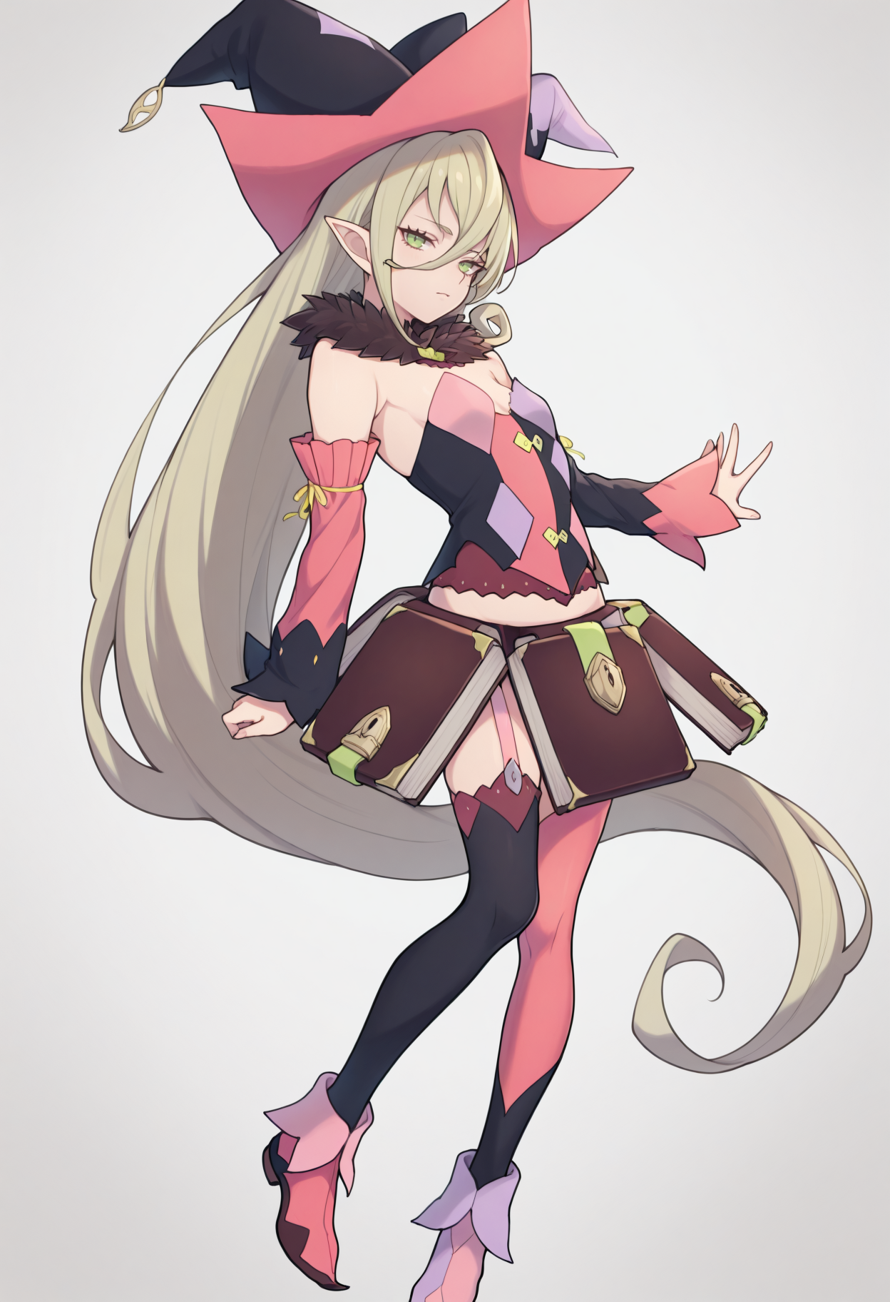 masterpiece, best quality, 1girl, solo, M4gil0u, green eyes, pointy ears, blonde hair, very long hair, hair between eyes, witch hat, fur collar, multicolored vest, strapless, detached sleeves, mismatched sleeves, book skirt, asymmetrical legwear, thighhighs, garter straps, mismatched footwear, <lora:ChamMagilouIllustriousXL:1>