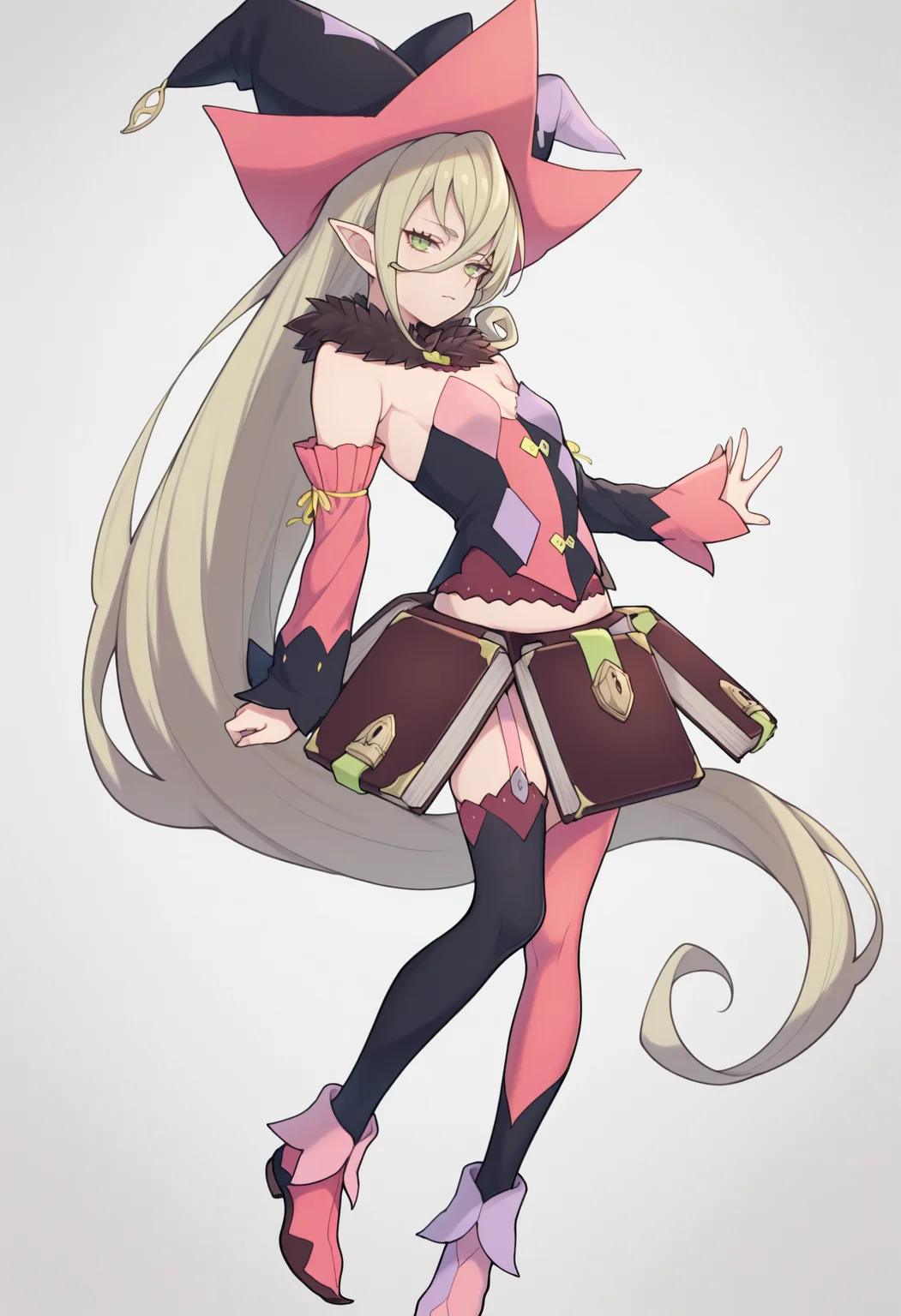 masterpiece, best quality, 1girl, solo, M4gil0u, green eyes, pointy ears, blonde hair, very long hair, hair between eyes, witch hat, fur collar, multicolored vest, strapless, detached sleeves, mismatched sleeves, book skirt, asymmetrical legwear, thighhighs, garter straps, mismatched footwear, <lora:ChamMagilouIllustriousXL:1>