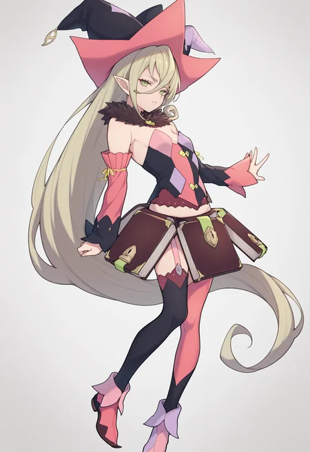 masterpiece, best quality, 1girl, solo, M4gil0u, green eyes, pointy ears, blonde hair, very long hair, hair between eyes, witch hat, fur collar, multicolored vest, strapless, detached sleeves, mismatched sleeves, book skirt, asymmetrical legwear, thighhighs, garter straps, mismatched footwear, <lora:ChamMagilouIllustriousXL:1>