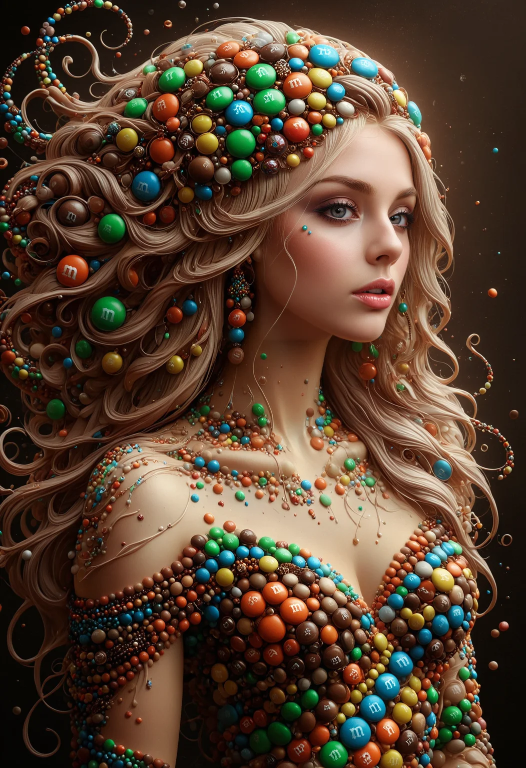 An Art Nouveau-inspired digital painting of a fairy queen, platinum blond long wavy hair, ornate jewelry, swirling patterns background, made out of m&m candies, <lora:PinkieM&MCndsSDXL-v1:1>, p1nkm&m,