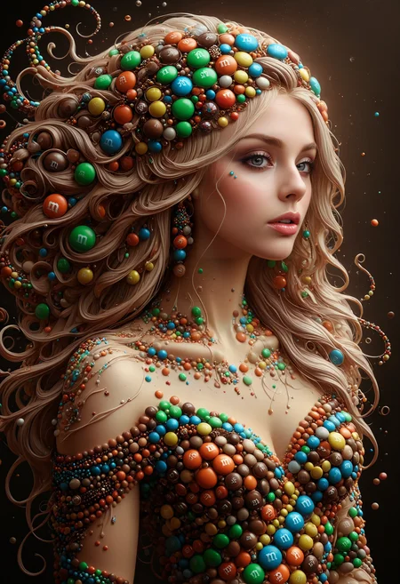 An Art Nouveau-inspired digital painting of a fairy queen, platinum blond long wavy hair, ornate jewelry, swirling patterns background, made out of m&m candies, <lora:PinkieM&MCndsSDXL-v1:1>, p1nkm&m,