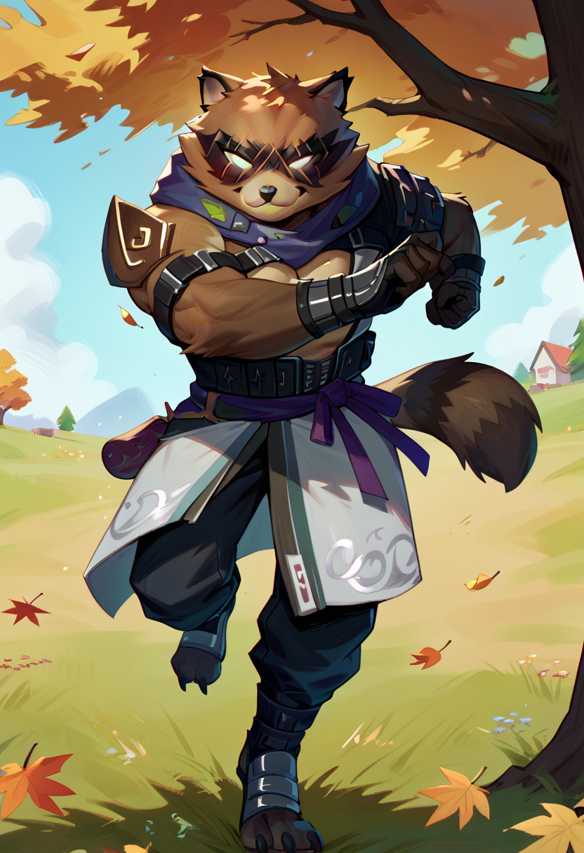 score_9, score_8_up, score_7_up, hi res, high quality, h4j1me, fortnite, furry, 1boy, solo, bara, smug, standing, legs out of frame, outside, falling leaves, <lora:Hajime_Fortnite:1>