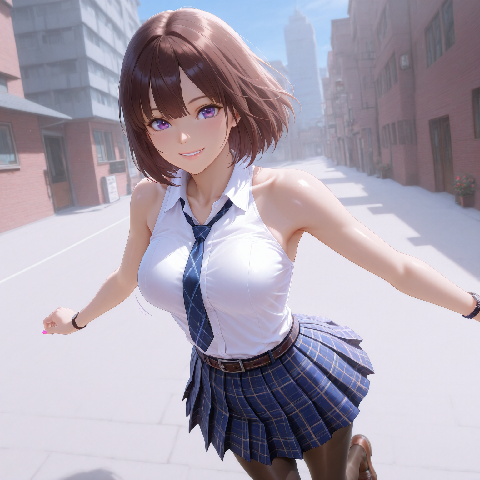 (masterpiece, best quality,solo:1.4),highres,illustration,8k,Ultra_realistic,(looking at viewer,  foreshortening,  collarbone),(shiny_eyes,sparkling_eyes,smile,spread arms,walking:1.2),
sheila,skirt,necktie,brown hair,sleeveless,sleeveless shirt,plaid skirt,blue necktie,purple eyes,plaid,white shirt,blue skirt,dress,wristwatch,medium hair,floral print,bare shoulders,collared shirt,bob cut,pleated skirt,black pantyhose,nail polish,school uniform,belt, brown footwear, 
medium breasts,bouncing breasts,outdoors,<lora:aidmaImageUpgrader-v0.3-IL:0.6>,<lora:sheila(IL):0.75>,